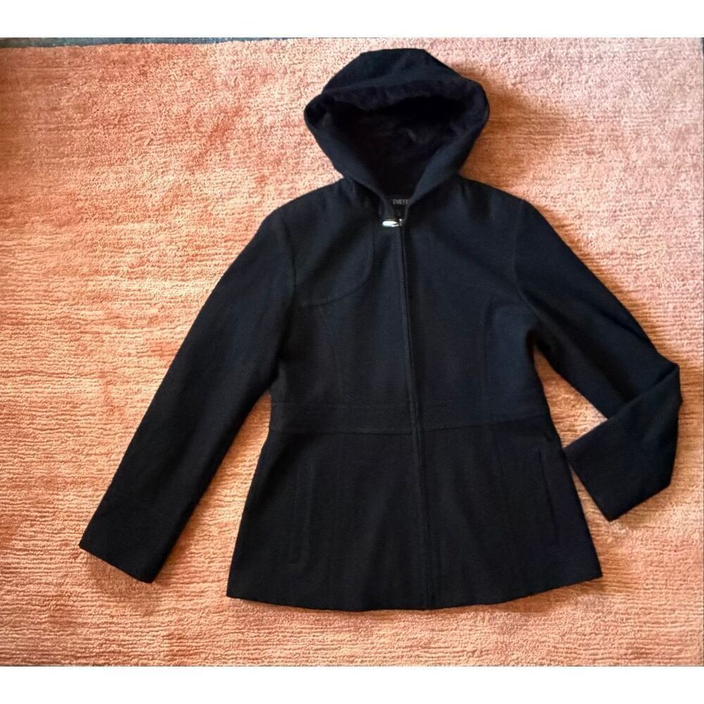 FS Limited Black Wool Blend Hooded Zip Front Coat Women Size M